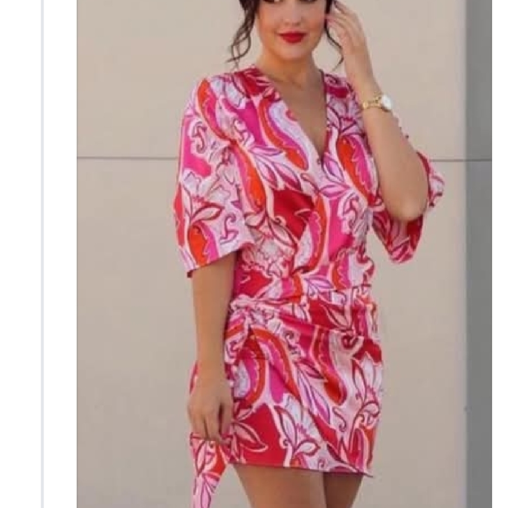 ZARA-Pink & Red Swirl Print V-Neck Wrap Dress